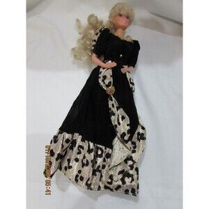 M&C 12" Doll blonde hair dimples black velvet dress gold accents